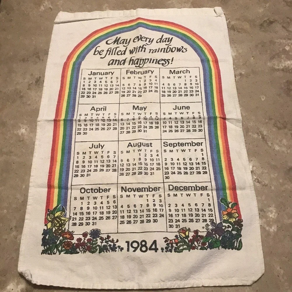 1984 Kitchen Calendar Tea Towel Rainbow Floral Wall Hanging Granny Core MCM